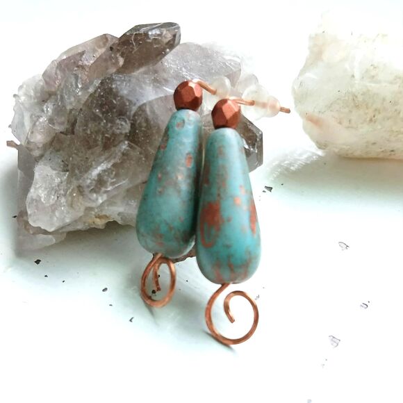 Boho Chic Beaded Stud Earrings, Turquoise Czech Glass Jewelry, Artisan 1.5" - Picture 2 of 3